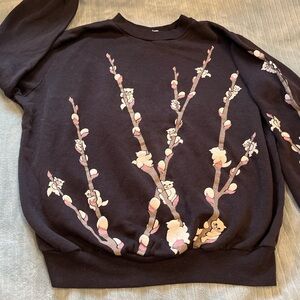 Vintage Black Sweatshirt with Cats on a Cherry Blossom Tree